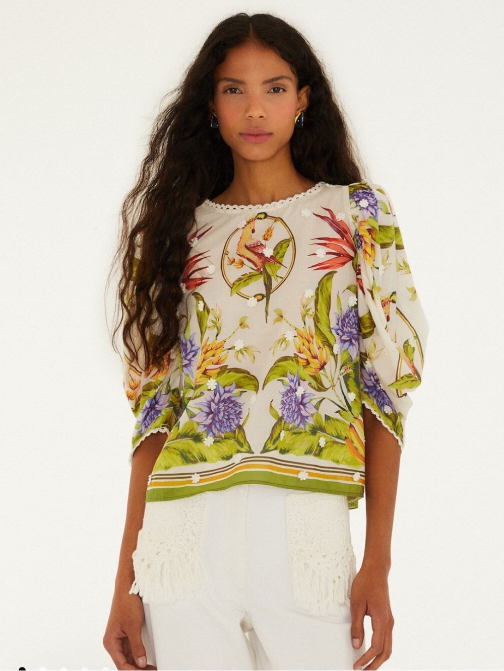 FARM Rio Sand Tropical Scarf Blouse Resort Parrot Isand Cream Green Small
